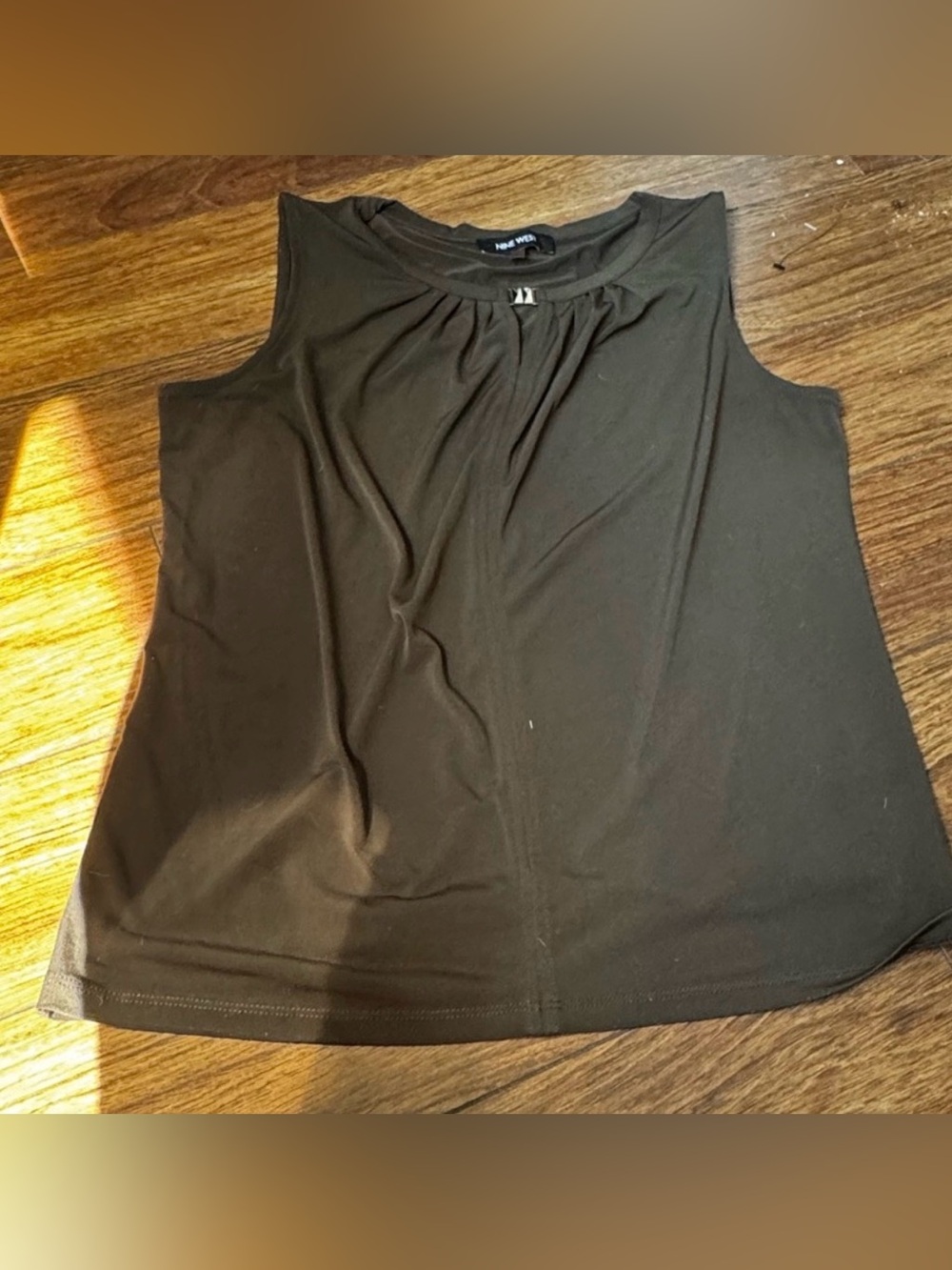 Nine West dark olive green sleeveless blouse with a pleated neckline